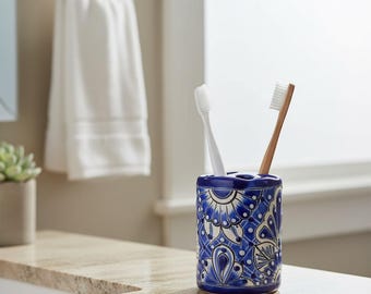 Portacepillos de dientes de Talavera azul y blanca / Decoración de cerámica hecha a mano