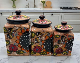 Mexican Talavera Canister Trio | Hand-Painted Terracotta Set