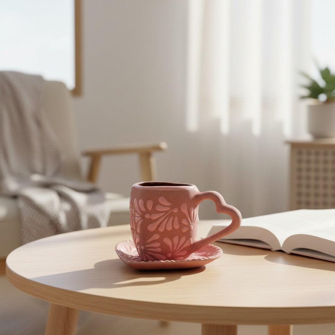 Heart Talavera Mug & Saucer Set | Pink Ceramic Coffee Cup - Etsy