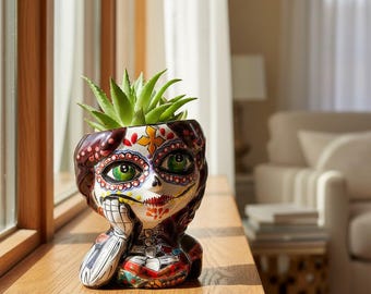Skull Girl Talavera Planter | Handcrafted Mexican Pot