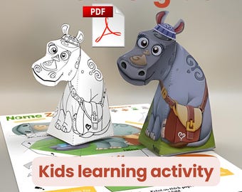 Nashorn Papierspielzeug für Kinder: 3D druckbare Aktivität zum Ausschneiden und Kleben (PDF-Download)