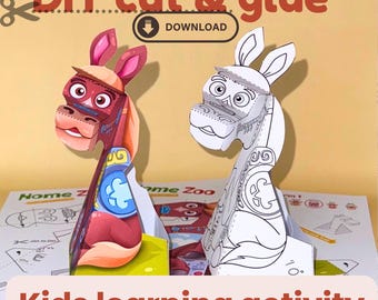 Digitales Bastelset für Kinder: Papierfigur Pferd mit beweglichem Kopf
