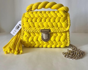 Yellow Crochet Crossbody Bag, Handmade Chunky Knit Cotton Purse, Soft Knitted Shoulder Bag