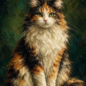May include: An oil painting of a long-haired calico cat with green eyes, white, orange, and black fur, rendered with thick, visible brushstrokes. The cat sits in a forward-facing position against a dark, textured, forest green background.