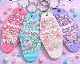 Custom Motel Keychain | Personalized Retro Key Tag | Pink Rhinestone Charm