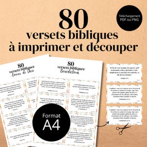 May include: A printable set of 80 Bible verses, featuring "Love of God" and "Blessings" themes. The design includes a PDF or PNG download option, with an A4 format. The verses are in French.