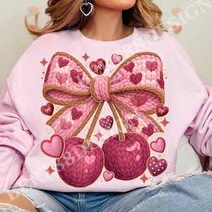 Faux Yarn Crochet Valentines Day Cherry PNG Sublimation | Coquette Bow Chunky Knit Hearts PNG | Trendy Faux Glitter Love Shirt Design