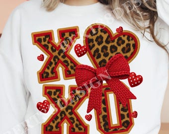 XOXO Leopard Print Faux Yarn Knit PNG | Crochet Hearts Latch Hook Yarn Retro Sublimation | Valentines Day Shirt Coquette Bow PNG