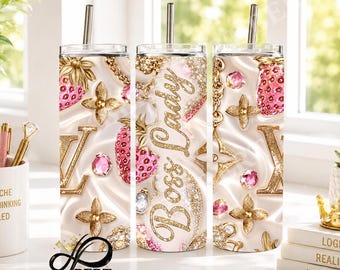 Luxury Fashion Brand Tumbler Wrap PNG, Strawberry 20oz Skinny Tumbler PNG, Boss Lady Sublimation File, Seamless Rhinestones Digital Design