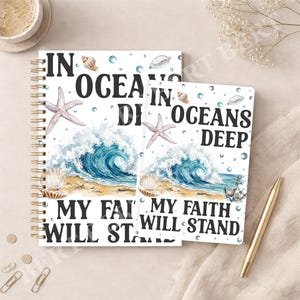 May include: Two spiral-bound notebooks with a beach-themed design. The notebooks feature a watercolor illustration of ocean waves, seashells, and starfish. Text on the cover reads "In Oceans Deep My Faith Will Stand."
