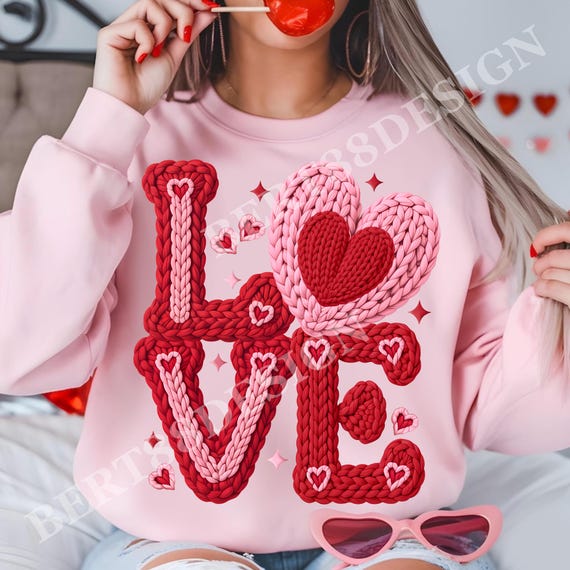 Faux Yarn Crochet Love Valentines Day PNG | Latch Hook Yarn Heart Sublimation Designs |  Coquette Retro Valentine Shirt PNG Download