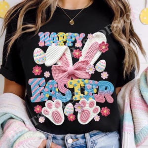 Diseños de sublimación PNG de Feliz Pascua con hilo sintético / Camisa de primavera con lazo de conejito de Pascua a crochet / Arcoíris pastel PNG con hilo de gancho