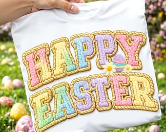 Faux Yarn Happy Easter PNG Retro Sublimation Designs | Varsity Crochet Easter Colourful Spring Shirt | Latch Hook Yarn Pastel Rainbow PNG