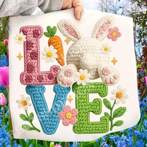 フェイクヤーンのラブイースターバニーPNG昇華デザイン | かぎ針編みのイースター春の花シャツ | ラッチフックのハッピーイースターPNG