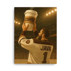 Op de afbeelding: Canvas print van een persoon in een hockeytrui die een grote koffiebeker omhoog houdt. Op de beker staat "COFFEE". De trui heeft "JAVA" en het nummer "1" op de rug.