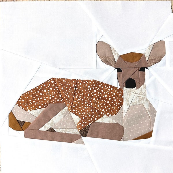 Resting Fawn FPP--Woodland and Riverside Animals Series--Baby Deer or Adult Female Deer--Paper Piecing Quilt Block Pattern