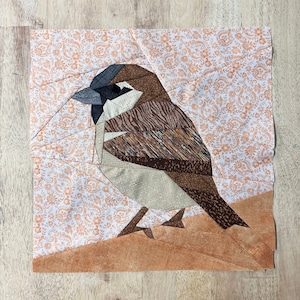 Gråsparv FPP--Backyard Birds-serien--Paper Piecing Quilt Block Mönster