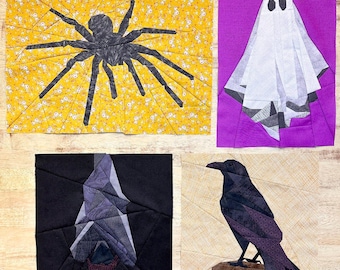 May include: Four fabric squares with different Halloween-themed paper piecing patterns. The squares feature a black spider on a yellow background, a white ghost on a purple background, a black bat on a black background, and a black raven on a beige background.