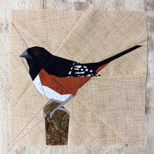 May include: A paper pieced quilt block featuring a black, white, and orange bird perched on a brown branch. The bird has a red eye and a white spot on its chest. The background is a tan fabric with a subtle texture.