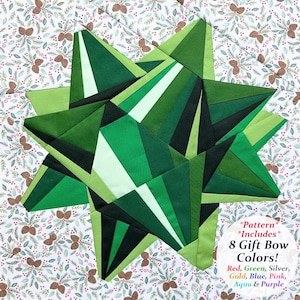FPP-patroon met cadeaustrik--inclusief 8 kleurvariaties--kerst-fpp--paper-piecing-quiltblok