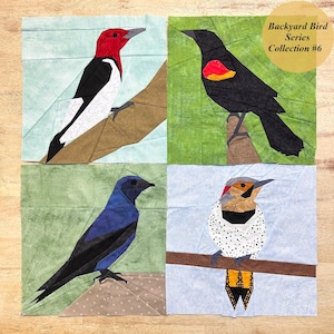 May include: A collection of four fabric bird art squares. Each square features a different bird design, including a red-headed woodpecker, a blackbird with a red and yellow patch, a bluebird, and a flicker. The text "Backyard Bird Series Collection #6" is in the upper right corner.