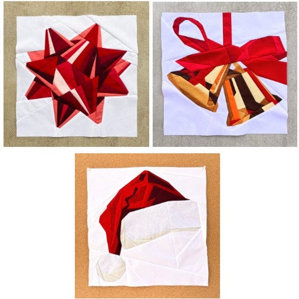 Christmas Bow, Bell & Santa Hat FPP Patterns--Christmas Assortment--3 Patterns--Paper Piecing Quilt Block