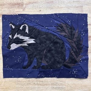 Puede incluir: Una aplicación de tela de mapache negro y gris sobre un fondo azul oscuro con estrellas blancas. El mapache está sentado con la cabeza girada hacia un lado.
