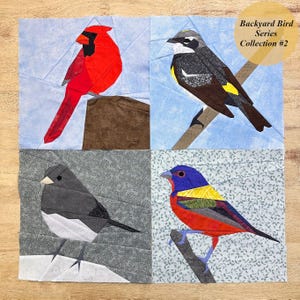 May include: A quilt block featuring four different bird species: a cardinal, a yellow-throated warbler, a dark-eyed junco, and a painted bunting. The birds are depicted in a patchwork style with a variety of fabrics and colors. The quilt block is titled "Backyard Bird Series Collection #2".