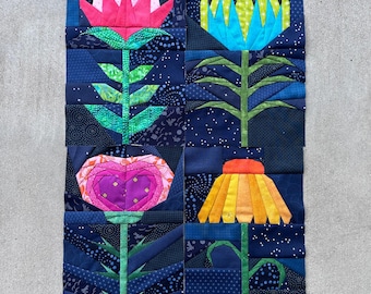 Folk Flower FPP Set--4 Patterns PLUS Stem and Leaf Extenders--Interchangeable Stems--2 Sizes Included--Collection #1--Paper Piecing Blocks