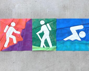 The Great Outdoors Series Set--Rock Climber Sign, Hiking Trail Sign, Swimming Sign FPP--3 Pattern Set--Paper Piecing Quilt Block