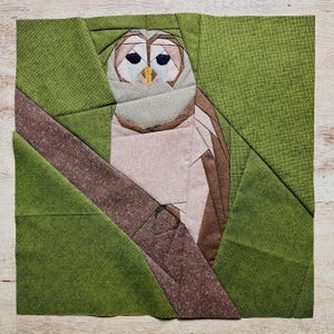 May include: A fabric patchwork of an owl perched on a branch. The owl has a light brown face, beige chest, and brown wings. The background is green, and the branch is brown. The owl has a yellow beak and black eyes.