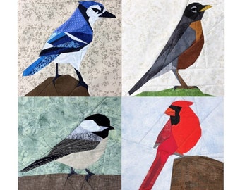 Blue Jay, American Robin, Chickadee, Cardinal FPP----Backyard Birds Series--Midwest Region United States--Paper Piecing Quilt Block Pattern