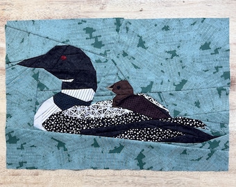 Common Loon with Baby FPP--Woodland and Riverside Animals Series--Paper Piecing Quilt Block Pattern