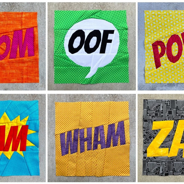 Comic Book Word Series--6 Patterns--Paper Piecing Quilt Blocks