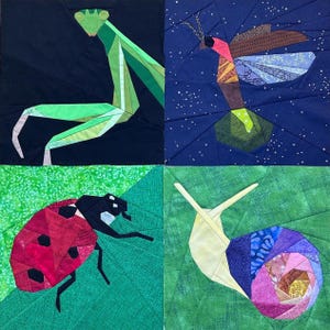 Night and Day Garden Critter FPP set--Praying Mantis, Lightning Bug, Ladybug, and Snail--Paper Piecing Pattern Set of 4--Night Garden Quilt