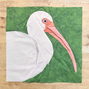 Peut inclure: Un oiseau en papier découpé blanc et rose sur un fond vert. L'oiseau est un ibis blanc avec un long bec rose et un œil bleu.