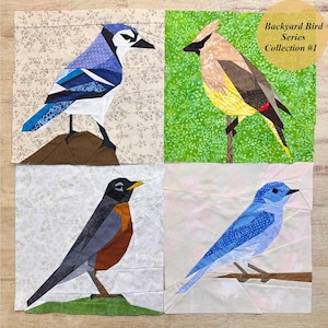 Könnte beinhalten: Ein Set aus vier Stoff-Applikationsmustern mit einem Blauhäher, einem Zedernwachsschwanz, einem Rotkehlchen und einem Blauvogel. Die Muster sind Teil einer Backyard Bird Series Collection #1.