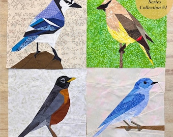 Backyard Birds Series Collection #1--Blue Jay, Cedar Waxwing, American Robin, Mountain Bluebird FPP--4 Pattern Set--Paper Piecing Patterns