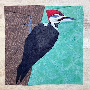 Puede incluir: Un p&aacute;jaro carpintero de papel recortado en negro y rojo con un fondo verde. El p&aacute;jaro carpintero est&aacute; posado en un tronco de &aacute;rbol marr&oacute;n.