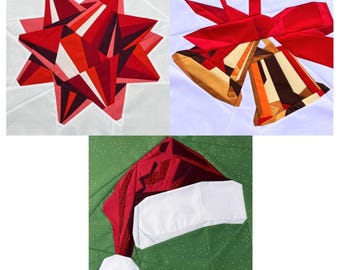 Christmas Bow, Bell & Santa Hat FPP Patterns--Christmas Assortment--3 Patterns--Paper Piecing Quilt Block