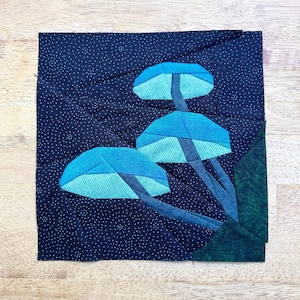 Blue Glow Mushrooms FPP--Paper Piecing Quilt Block Pattern