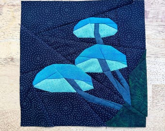 Blue Glow Mushrooms FPP--Paper Piecing Quilt Block Pattern