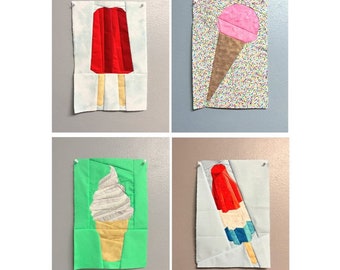 Soft Serve Cone, Double Popsicle, Red/White/Blue Popsicle, Sugar Cone FPP Patterns--Ice Cream & Sweets Series--4 Paper Piecing Quilt Blocks