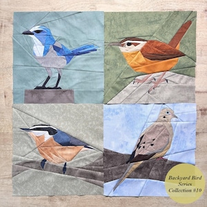 May include: A patchwork quilt with four bird designs in shades of blue, brown, orange, and grey. The birds are set against a background of various colours. The text "Backyard Bird Series Collection #10" is in the lower right corner.