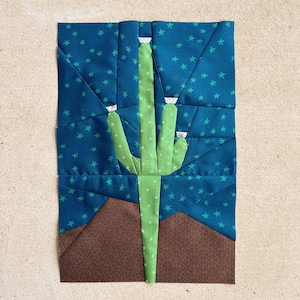 May include: A textile artwork depicting a green saguaro cactus against a blue starry sky. The cactus has three arms and is set against a brown, geometric patterned base, creating a desert landscape scene. The background is a patchwork of blue fabric with small green stars.