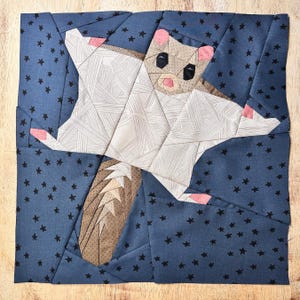 May include: A fabric quilt block featuring a pieced flying squirrel design. The squirrel is constructed from white fabric with thin grey lines, tan fabric, and pink accents. It is set against a dark blue background with black star patterns.