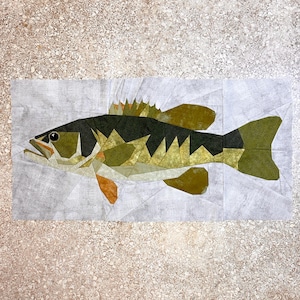 May include: A green, brown, and orange paper patchwork fish with a white background. The fish is made of many different shapes and sizes of paper.