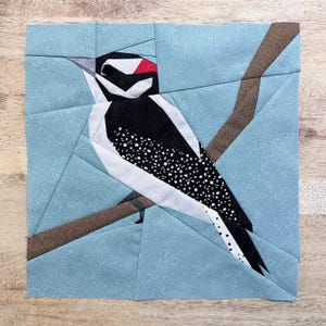 May include: A paper pieced patchwork quilt block featuring a black and white woodpecker with a red head perched on a brown branch against a light blue background.