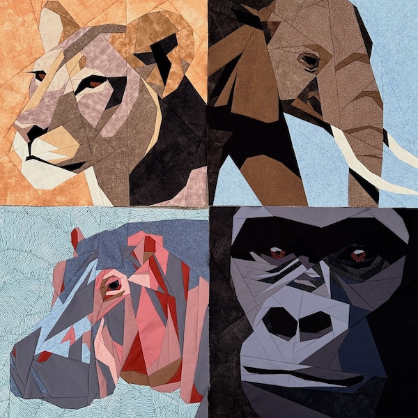 Lioness, Elephant, Hippo, Gorilla--Animals of Strength from Africa--4 Patterns--Paper Piecing Quilt Block Pattern