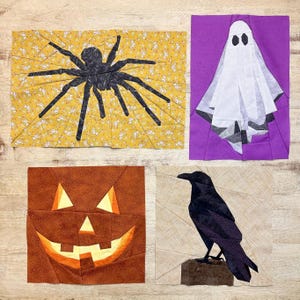 Tarantula, Ghost, Carved Pumpkin Aglow, and Raven FPP--Halloween Themed FPP set--4 Pattern Set--Paper Piecing Quilt Block